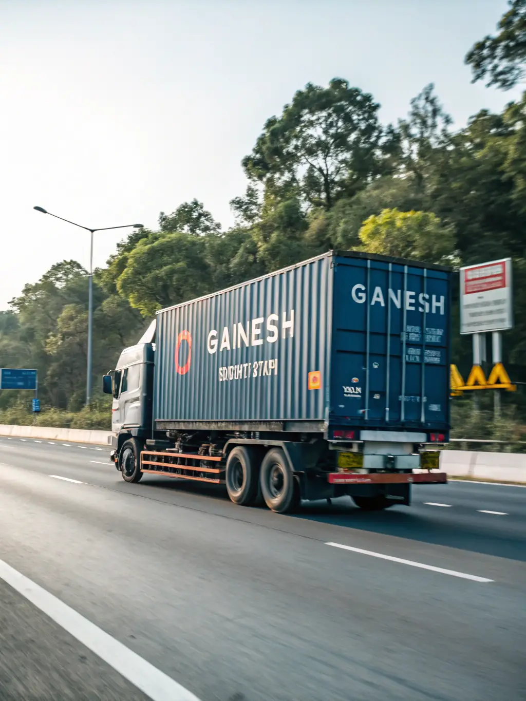A modern cargo truck on a highway, emphasizing speed and efficiency, with the Quick Prep Logistics logo subtly visible on the side.