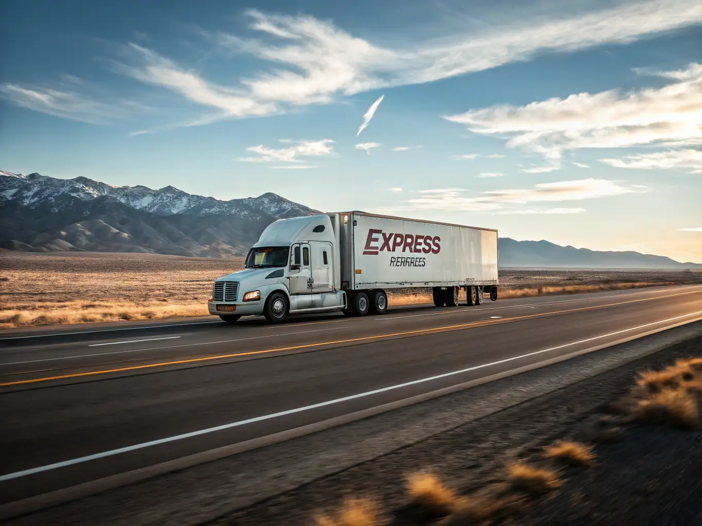 A dynamic shot of a Quick Prep Logistics truck speeding down a highway, emphasizing timely delivery and reliability.