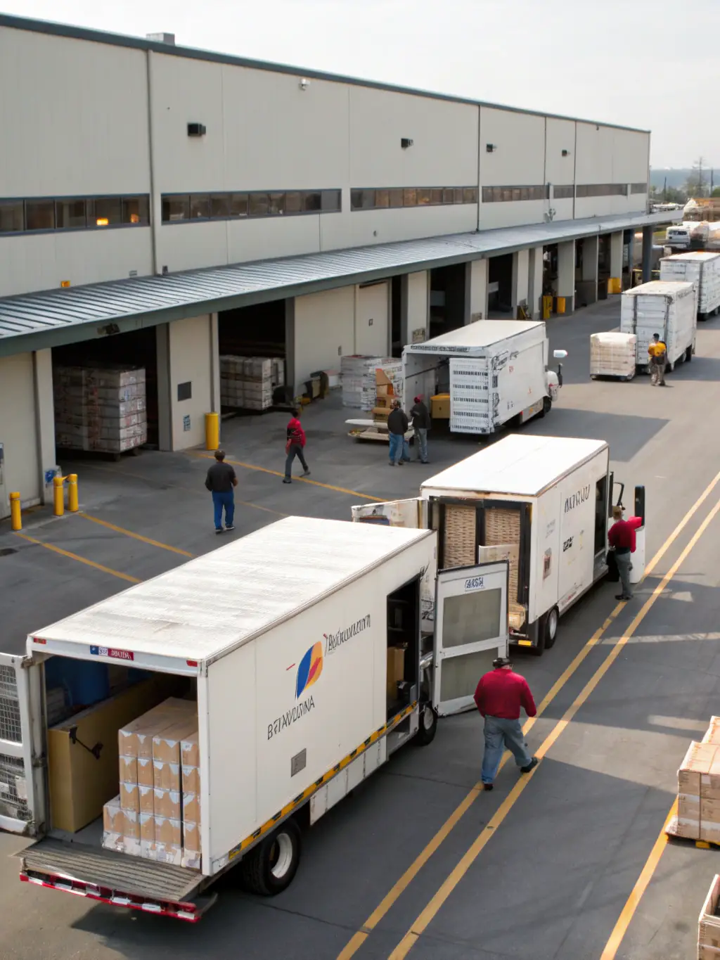 Delivery vans leaving a distribution center, highlighting the extensive network and coverage of Quick Prep Logistics.