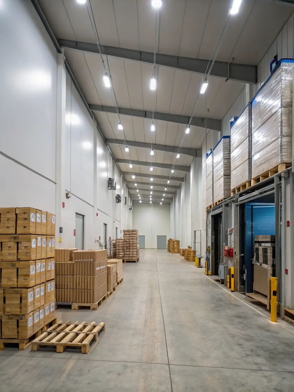 A clean and organized warehouse interior with goods neatly stacked on shelves, showcasing inventory management and secure storage.