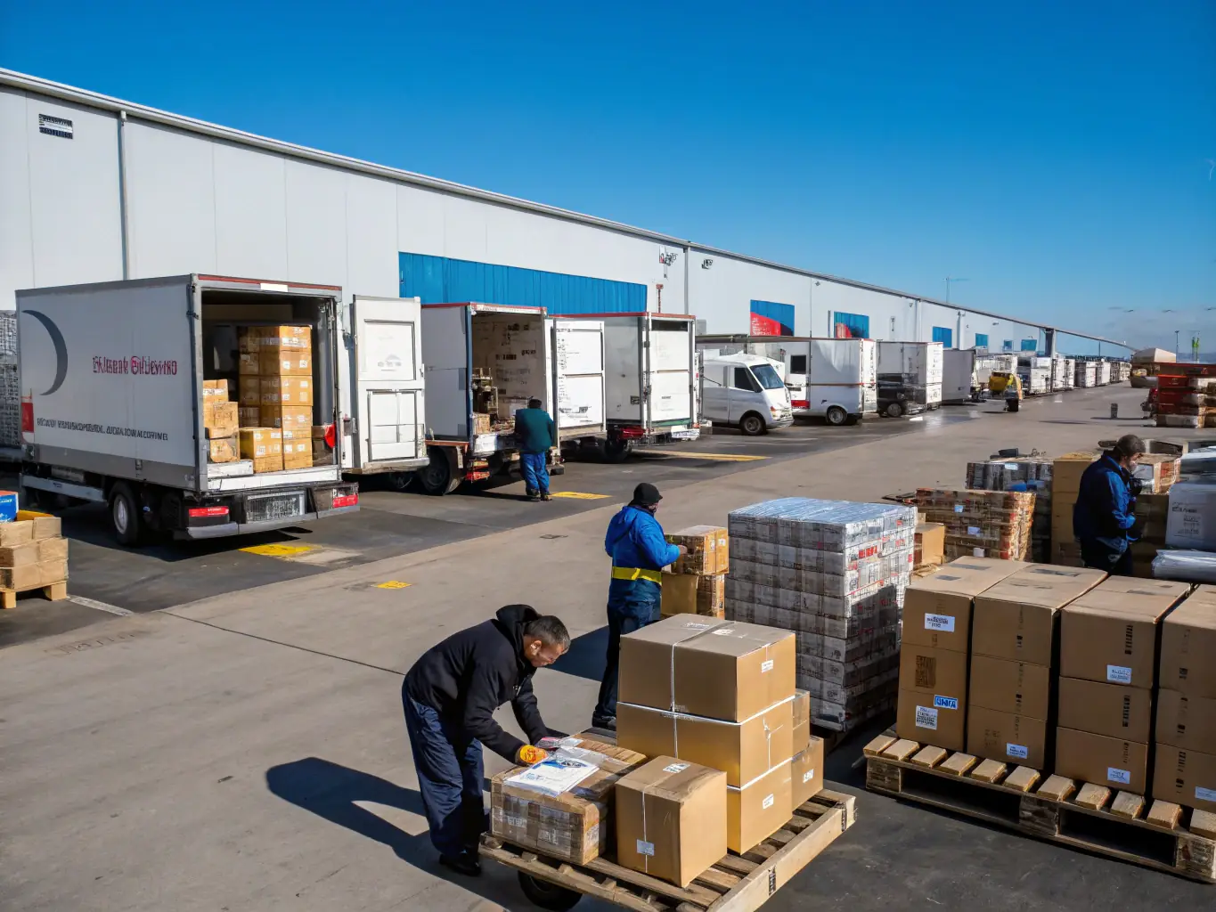 A bustling Quick Prep Logistics distribution center with trucks loading and unloading, highlighting the efficiency of the distribution network.